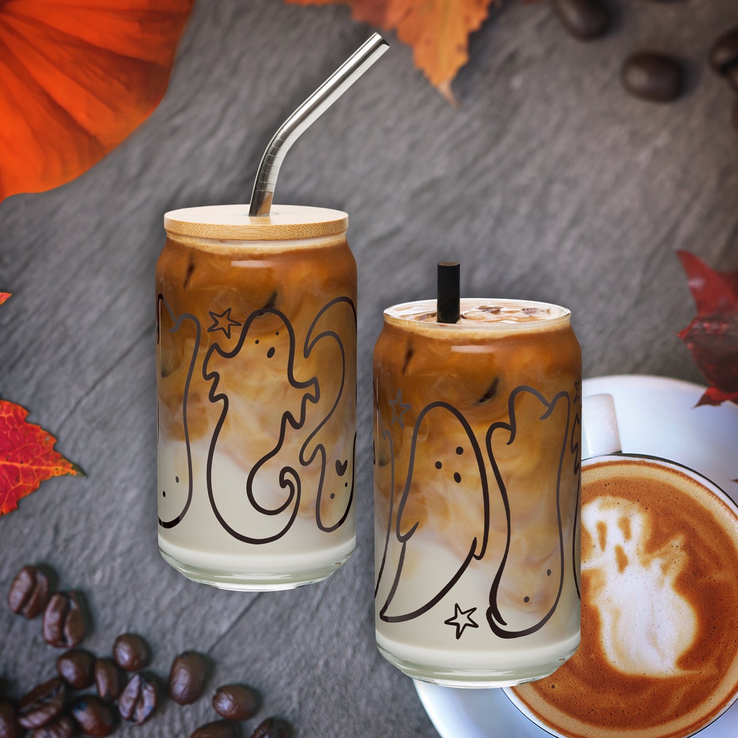 Halloween Tumbler with Big Ghosts - 16oz Glass Can Cup - Black