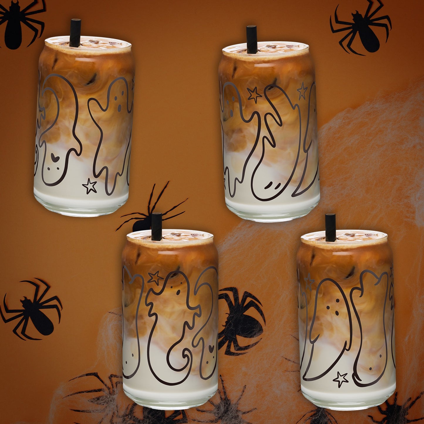 Halloween Tumbler with Big Ghosts - 16oz Glass Can Cup - Black