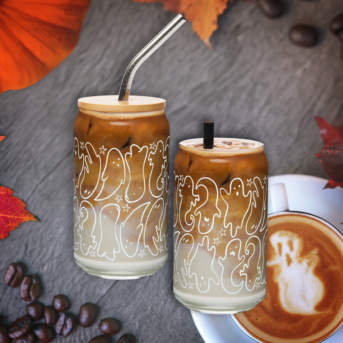 Halloween Tumbler with Small Ghosts - 16oz Glass Can Cup - White