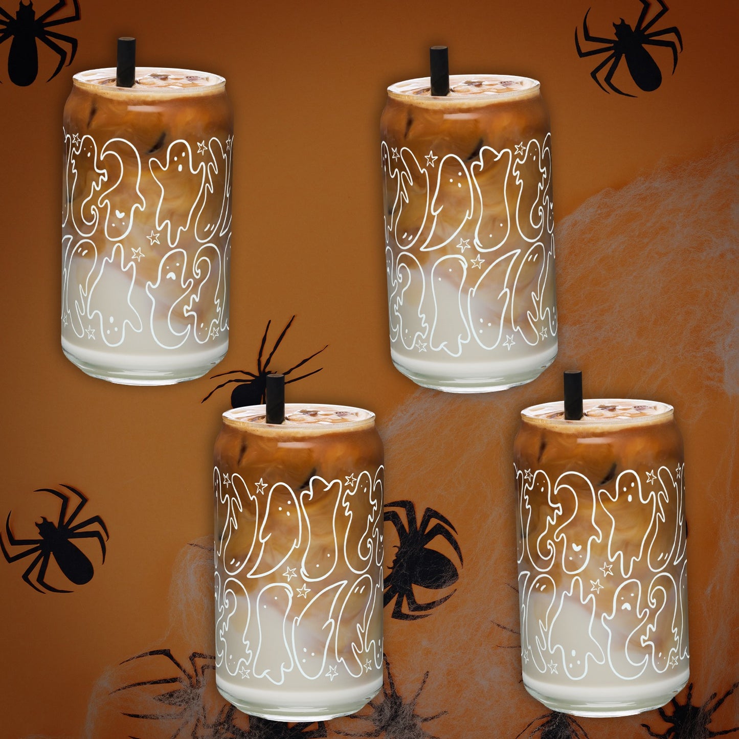 Halloween Tumbler with Small Ghosts - 16oz Glass Can Cup - White