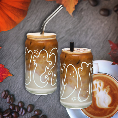 Halloween Tumbler with Big Ghosts - 16oz Glass Can Cup - White