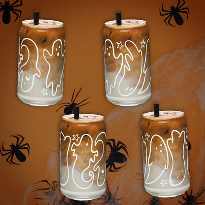 Halloween Tumbler with Big Ghosts - 16oz Glass Can Cup - White