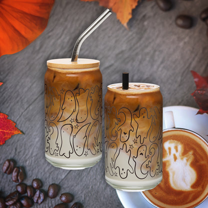 Halloween Tumbler with Small Ghosts - 16oz Glass Can Cup - Black