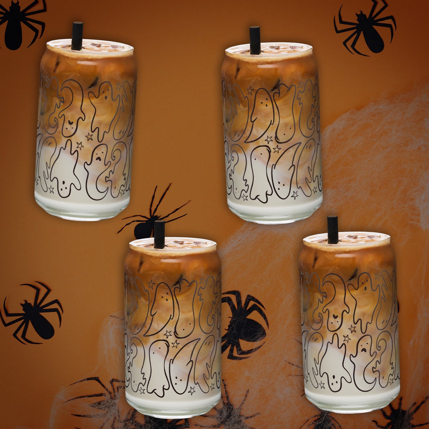 Halloween Tumbler with Small Ghosts - 16oz Glass Can Cup - Black