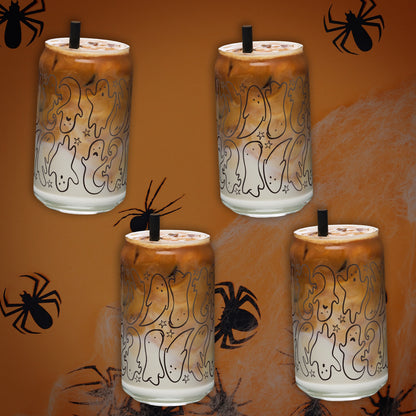 Halloween Tumbler with Small Ghosts - 16oz Glass Can Cup - Black
